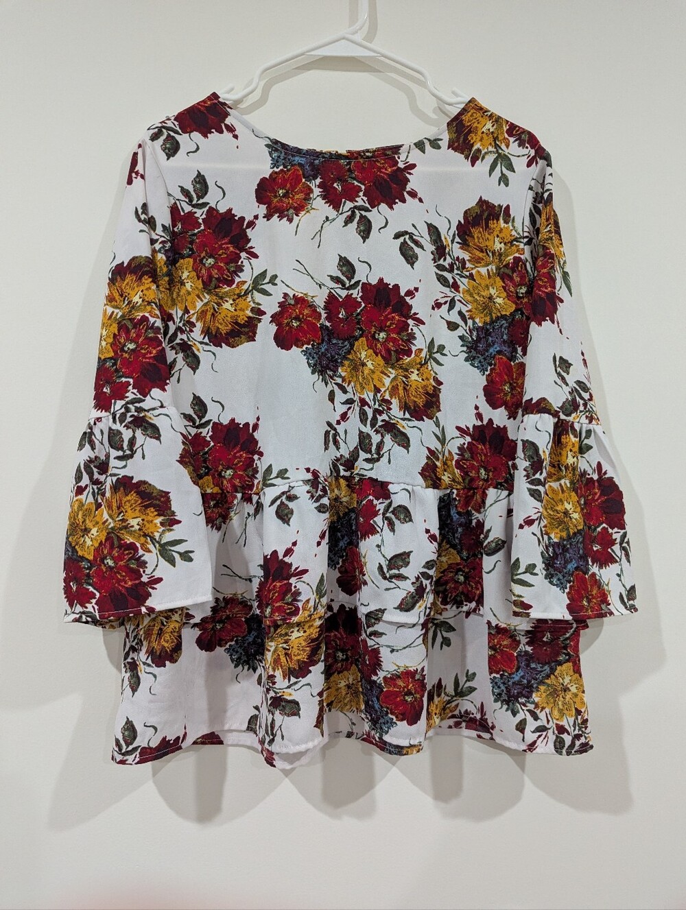 Floral Peplum Bell-Sleeve Top in White with Red & Mustard Flowers